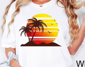 Retro Tropical Sunset Summer Shirt, Vintage Palm Tree Shirt, Vacation Shirt, Nature Shirt, Palm Beach Shirt, Colorful Glitch T-Shirt, Summer