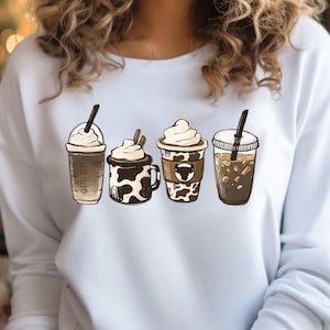 Cow Coffee Mug Sweatshirt, Coffee Cup Shirt, But First Coffee, Coffee Latte Lover Gift, Iced Coffee Shirt, Womens Crewneck, Cute Coffee Tee