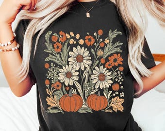 Boho Fall Floral Shirt, Retro Fall Tshirt, Autumn Vibes Shirt, Pumpkin Season Graphic Tee, Vintage Fall Pumpkin Aesthetic Vintage Fall Shirt