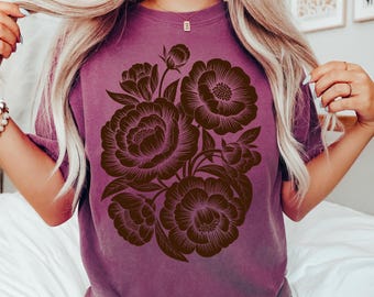Comfort Colors® Vintage Linocut Flower Shirt, Peonies & Ranunculus Tee, Retro Block Print Peonies Shirt ,Cottagecore Boho Botanical Floral