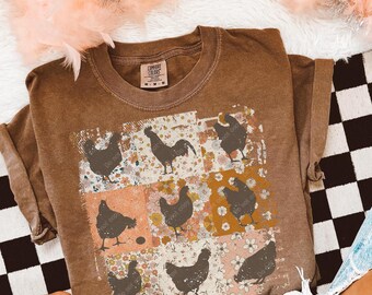 Comfort Colors® Boho Chickens Shirt, Retro Farmhouse Floral Backyard Chicken Tee, Cottagecore Aesthetic Clothing, Chicken Gift for Her