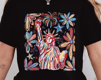 Retro 4th July Statue of Liberty Shirt, America USA Tees, America 4th July, 4th Of July, USA Flag, American Girl Shirt, America Flag Flower