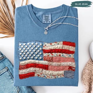 Comfort Colors® 4th of July Shirt, Retro American Flag Shirt,Faux Patchwork USA Shirt, Patriotic Shirt, Fourth of July Shirt, USA Flag Shirt