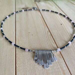 Boho Toho Seed Bead Necklace: Rose Quartz & Silver Paddle Charm