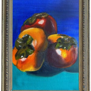 Bright Persimmons on blue background Giclee Fine Art Print