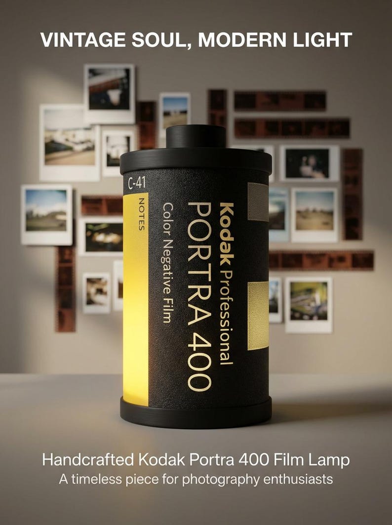 May include: A black Kodak Portra 400 film lamp with the text "VINTAGE SOUL, MODERN LIGHT" at the top. The lamp has a yellow glow and is surrounded by framed photos. The text "Handcrafted Kodak Portra 400 Film Lamp" is at the bottom.