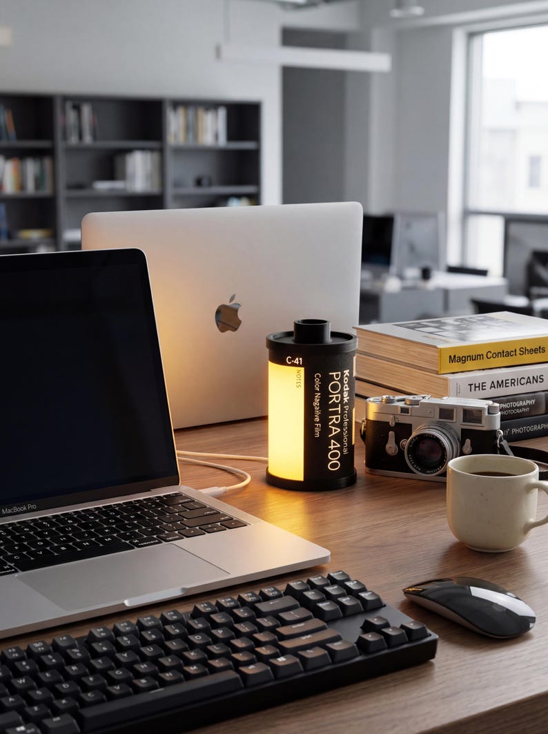 May include: A desk with a MacBook Pro, black keyboard, and mouse. A film canister lamp with "PORTRA 400" text is lit. A vintage camera, books, and a coffee cup are also present, creating a workspace scene.