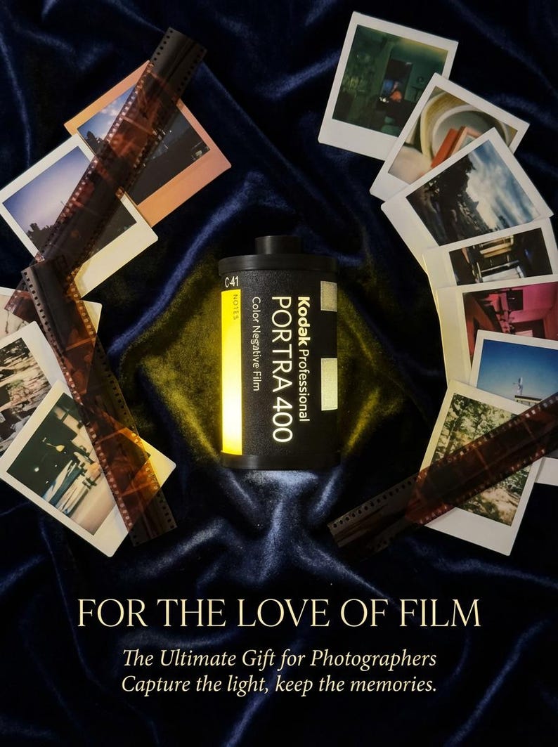 May include: A black Kodak Professional PORTRA 400 film canister with a yellow label, surrounded by developed film strips and instant photos. The text "FOR THE LOVE OF FILM" is displayed below the film canister.