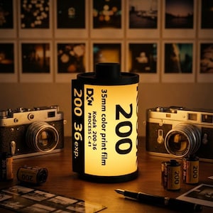 Peut inclure: Lampe cylindrique en forme de bobine de film 35 mm, avec le chiffre "200" en évidence. La lampe est allumée, et le texte "200 36 exp." est visible. Des appareils photo anciens et des rouleaux de film sont en arrière-plan.