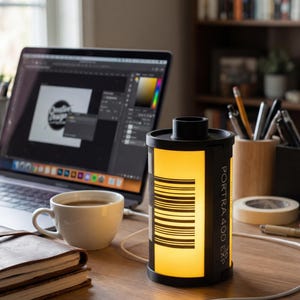 May include: A desk scene featuring a laptop showing a design project, a coffee cup, and a film canister-shaped lamp. The black lamp emits a yellow light and has the text "PORTRA 400 EXP".