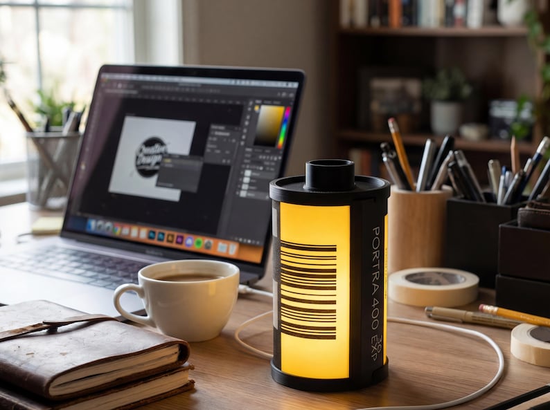 May include: A desk scene featuring a laptop showing a design project, a coffee cup, and a film canister-shaped lamp. The black lamp emits a yellow light and has the text "PORTRA 400 EXP".