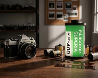 Film Roll Lamp - Fuji-X-TRA 400 Inspired Edition - Retro Decor for Photographers - Handcrafted in Canada