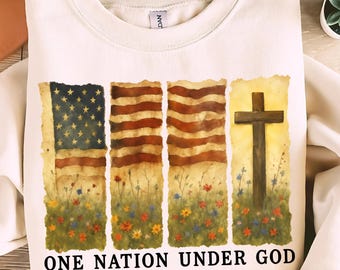 Una nación bajo Dios PNG, sublimación patriótica cristiana del 4 de julio PNG, diseño de camiseta de fe y libertad PNG, bandera estadounidense cruzada digital.