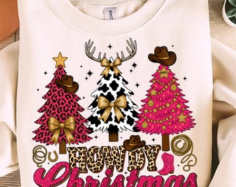 Howdy Christmas Png Svg, Cowgirl Western Christmas Trees Png, Pink Leopard Coquette Xmas Bow, Cute Country Shirt Design, Holiday Sublimation