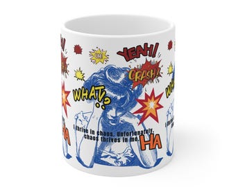 Comic Chaos Mug, Fun 11oz Cup with Quirky Graphics, Perfect for Coffee Lovers, Gift for Friends, Unique Home Decor, Motivational
