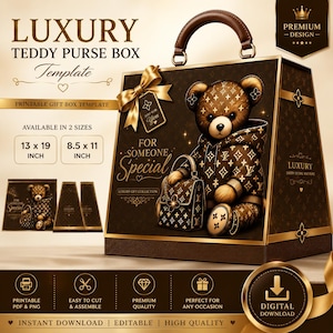 Può includere: Un modello di scatola per borsetta a forma di orsetto marrone con manico, con un design a orsetto e la scritta "FOR SOMEONE SPECIAL". Disponibile nei formati 33 x 48 cm e 22 x 28 cm. Include il testo "LUXURY" e "DOWNLOAD DIGITALE".