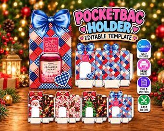 May include: An editable PocketBac holder template featuring a blue bow and red, white, and blue plaid pattern. Includes a Bath & Body Works Japanese Cherry Blossom hand sanitizer, various holiday-themed box designs, and icons for Canva, print, and file formats.
