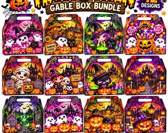 May include: A digital collection of 12 Halloween gable box designs featuring vibrant illustrations of pumpkins, ghosts, witches, mummies, and haunted houses in purple, orange, and black color palettes with text reading Halloween Gable Box Bundle.