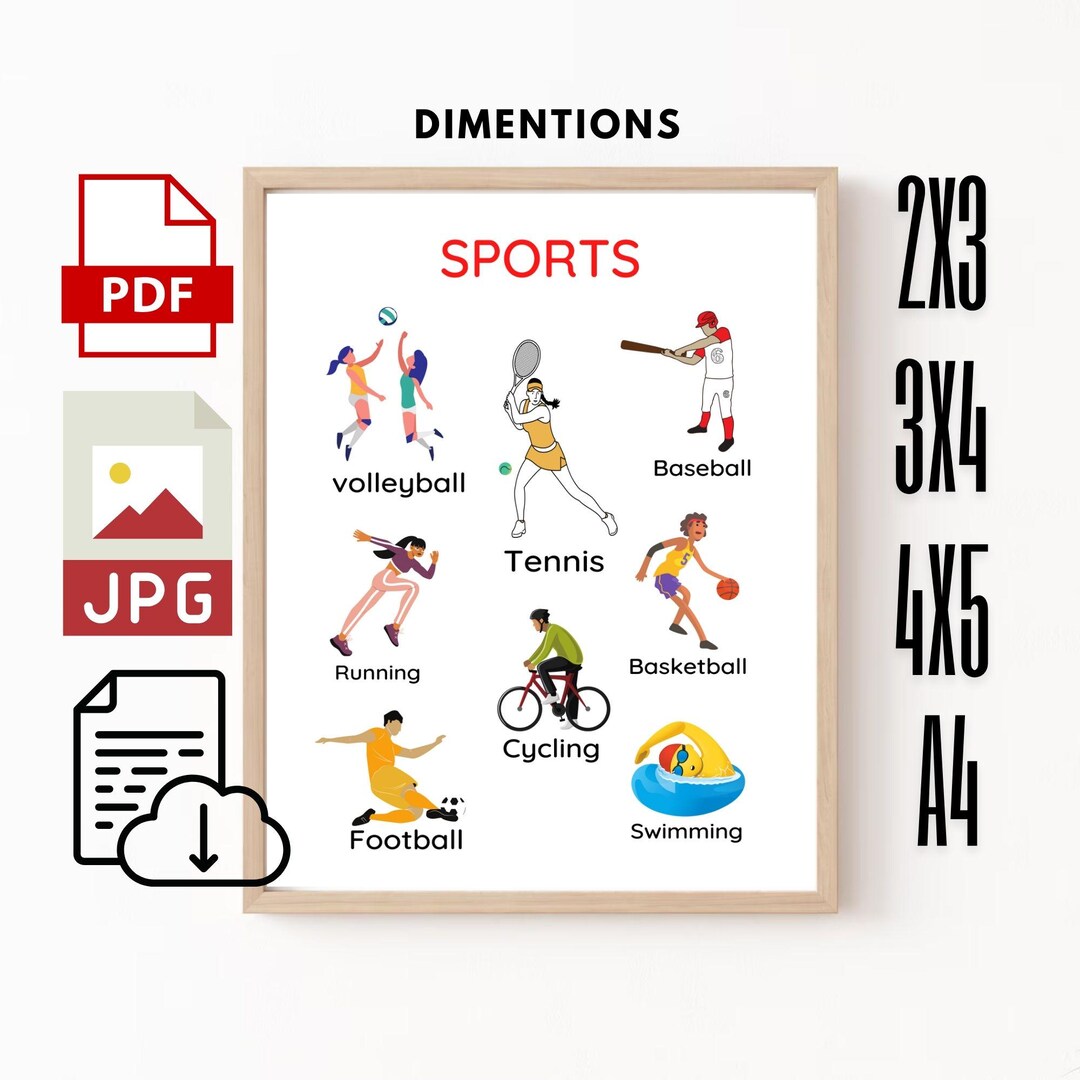 ESL Kids Sports Vocabulary Poster: Classroom Homeschool Decor (digital ...