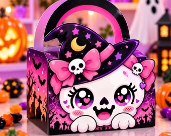 May include: A square cardboard treat box with a handle, featuring a purple and black gradient background with a graveyard silhouette. The front displays a white cartoon skull wearing a witch hat with pink bows, stars, and a crescent moon.