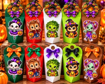 May include: Ten triangular Halloween treat boxes in green, red, white, and brown. Each box features a cartoon character, a bow, and a wreath with pumpkins. Characters include a skeleton, werewolf, swamp creature, owl, and zombie.