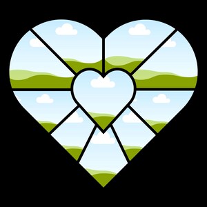 Puede incluir: Gr&aacute;fico en forma de coraz&oacute;n con contorno negro, dividido en secciones. Cada secci&oacute;n contiene un paisaje con colinas verdes, cielo azul y nubes blancas. El coraz&oacute;n central tambi&eacute;n presenta un paisaje similar.