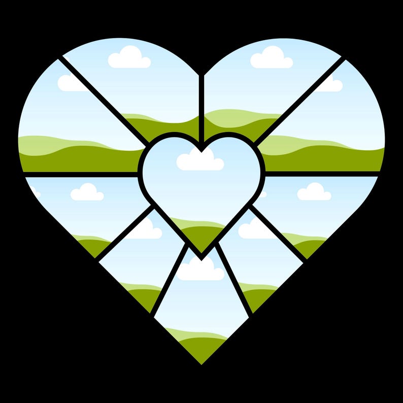 Puede incluir: Gr&aacute;fico en forma de coraz&oacute;n con contorno negro, dividido en secciones. Cada secci&oacute;n contiene un paisaje con colinas verdes, cielo azul y nubes blancas. El coraz&oacute;n central tambi&eacute;n presenta un paisaje similar.