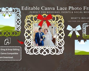 Plantilla editable de marco de fotos de encaje con lazos de Canva / Diseño digital para bodas y eventos