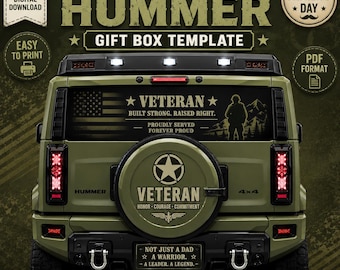 May include: A digital gift box template featuring a military-style olive green vehicle. The rear window displays the text VETERAN BUILT STRONG. RAISED RIGHT. PROUDLY SERVED FOREVER PROUD. The spare tire cover reads VETERAN HONOR COURAGE COMMITMENT.