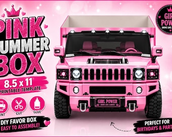 Girl Power Pink Hummer Box Template | Printable 8.5x11 Party Favor Box | Instant Download