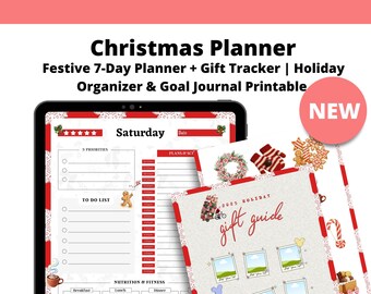 May include: A digital Christmas Planner with a festive design. The planner includes a 7-day planner, gift tracker, holiday organizer, and goal journal. The image shows a tablet displaying the planner, along with a gift guide.