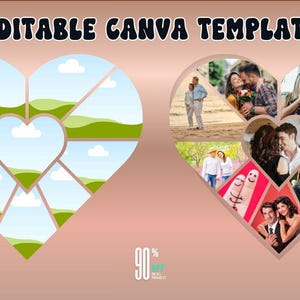Puede incluir: Una plantilla de Canva en forma de coraz&oacute;n con el texto "EDITABLE CANVA TEMPLATE" en la parte superior. La plantilla est&aacute; dividida en secciones, algunas con im&aacute;genes de paisajes y otras con fotos de parejas. El fondo es un degradado de rosa y marr&oacute;n.