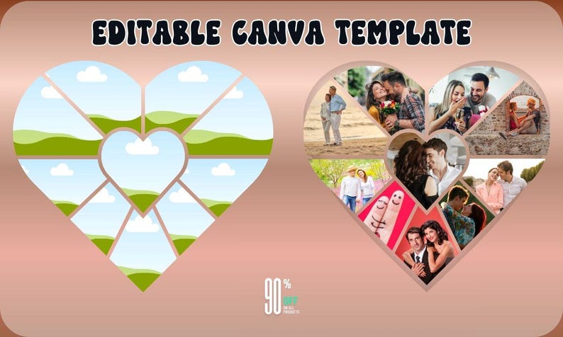 Puede incluir: Una plantilla de Canva en forma de coraz&oacute;n con el texto "EDITABLE CANVA TEMPLATE" en la parte superior. La plantilla est&aacute; dividida en secciones, algunas con im&aacute;genes de paisajes y otras con fotos de parejas. El fondo es un degradado de rosa y marr&oacute;n.