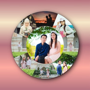 Puede incluir: Un collage fotográfico circular con varias imágenes de parejas e individuos. La imagen central muestra a un hombre con una camisa azul y a una mujer con un vestido rosa. Otras fotos muestran parejas en entornos al aire libre, incluyendo una silueta al atardecer y una novia con hiyab.