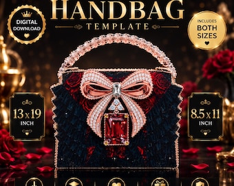May include: A digital download template for a luxury handbag. The design features a black and red color scheme with a bow and a large rectangular red gem. The handbag is embellished with sparkling details and includes both 13x19 inch and 8.5x11 inch sizes.
