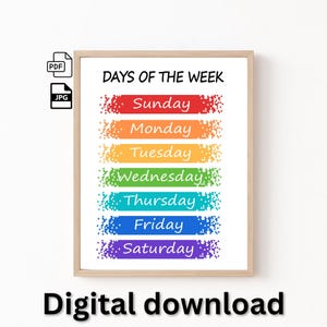 Afdrukbare poster dagen van de week, educatieve muurkunst, klasdecor, speelkamerkunst, thuisonderwijs print, kinderkamerposter