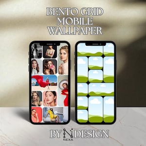 May include: Two smartphones displaying bento grid mobile wallpapers. One phone shows a grid of portraits, the other a landscape design. The text "Bento Grid Mobile Wallpaper" is at the top, with "By N Design Nexa" at the bottom.