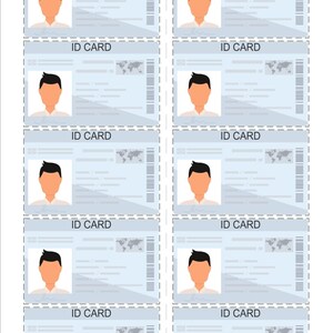 Peut inclure: Gabarit de carte d'identit&eacute; A4 avec dix cartes standard, chacune de 8,56 cm x 5,4 cm. Chaque carte pr&eacute;sente un portrait, les mots "ID CARD", une carte du monde et un code-barres. Les cartes sont bleu clair avec un bord en pointill&eacute;s.
