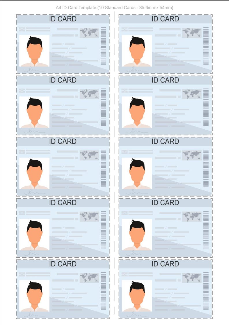 Peut inclure: Gabarit de carte d'identit&eacute; A4 avec dix cartes standard, chacune de 8,56 cm x 5,4 cm. Chaque carte pr&eacute;sente un portrait, les mots "ID CARD", une carte du monde et un code-barres. Les cartes sont bleu clair avec un bord en pointill&eacute;s.