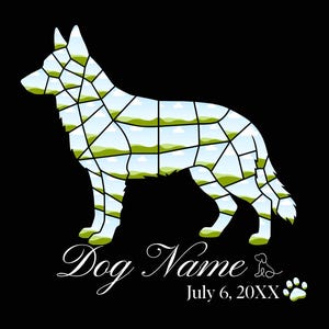 May include: A white silhouette of a dog, filled with a landscape design of green hills and blue skies, stands on a black background. The words "Dog Name" are written in cursive, with the date "July 6, 20XX" below.