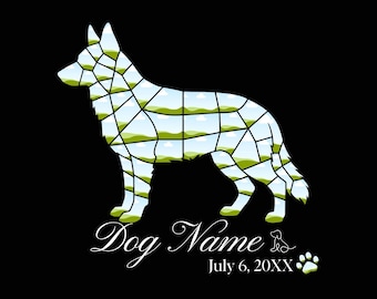 May include: A white silhouette of a dog, filled with a landscape design of green hills and blue skies, stands on a black background. The words "Dog Name" are written in cursive, with the date "July 6, 20XX" below.