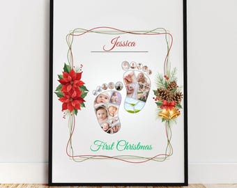 First Christmas Baby Footprint Photo Collage | Keepsake Canva Template (Digital Download)