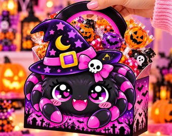May include: A rectangular cardboard treat box featuring a cartoon spider with large pink heart-shaped eyes wearing a purple witch hat with a yellow crescent moon and a skull bow. The box is filled with assorted Halloween-themed wrapped candies.
