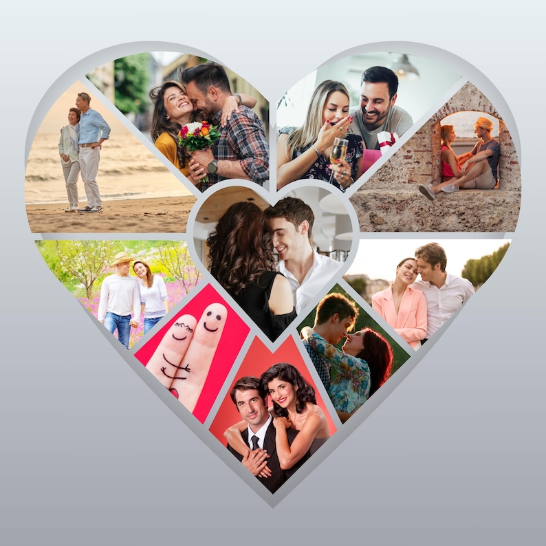 Puede incluir: Un collage en forma de coraz&oacute;n con m&uacute;ltiples im&aacute;genes de parejas en varios entornos rom&aacute;nticos. Las im&aacute;genes incluyen parejas en una playa, abraz&aacute;ndose y compartiendo momentos &iacute;ntimos. El collage est&aacute; sobre un fondo gris.
