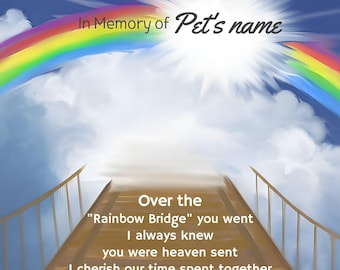 May include: A digital art print with a rainbow, sun, and clouds, with the text "In Memory of Pet's name". The image includes a path leading to the "Rainbow Bridge" with a heartfelt message about cherishing memories.