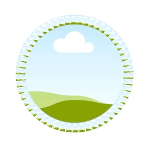 May include: A circular graphic featuring a landscape scene within a frame of smaller landscape images. The central image depicts a green landscape under a blue sky with a white cloud. The frame is composed of repeating landscape images.