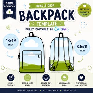 May include: A digital download graphic featuring a backpack template. The design includes two backpack illustrations, one measuring 13x19 inches and the other 8.5x11 inches. Text includes "Drag & Drop," "Backpack Template," and "Fully Editable in Canva."