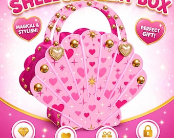 May include: A pink shell-shaped jewelry box featuring a handle, gold-tone studs, and a pattern of pink hearts and stars. The box includes two heart-shaped accents and text that reads SHELL JEWELRY BOX, MAGICAL & STYLISH, and PERFECT GIFT.