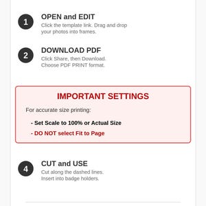Peut inclure: Guide d'instructions avec des &eacute;tapes num&eacute;rot&eacute;es pour l'&eacute;dition, le t&eacute;l&eacute;chargement d'un PDF, la d&eacute;coupe et l'utilisation d'un mod&egrave;le. Comprend des instructions pour d&eacute;finir l'&eacute;chelle sur 100 % ou la taille r&eacute;elle pour une impression pr&eacute;cise. Le guide est sur fond blanc.