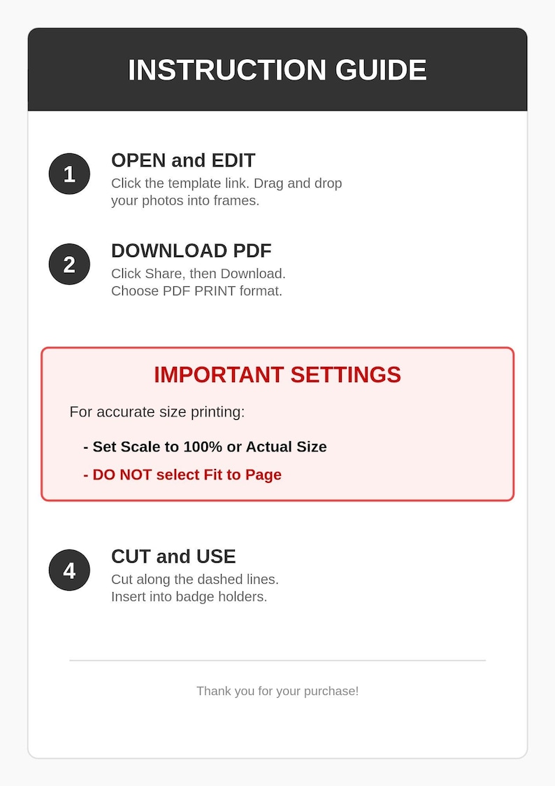 Peut inclure: Guide d'instructions avec des &eacute;tapes num&eacute;rot&eacute;es pour l'&eacute;dition, le t&eacute;l&eacute;chargement d'un PDF, la d&eacute;coupe et l'utilisation d'un mod&egrave;le. Comprend des instructions pour d&eacute;finir l'&eacute;chelle sur 100 % ou la taille r&eacute;elle pour une impression pr&eacute;cise. Le guide est sur fond blanc.